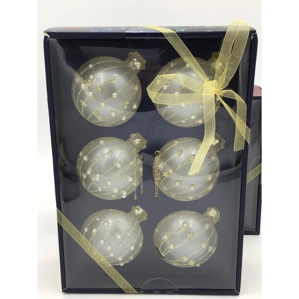 Christian Lacroix Set of 12 Glass Christmas Ornaments Frosted White Gold Pearl